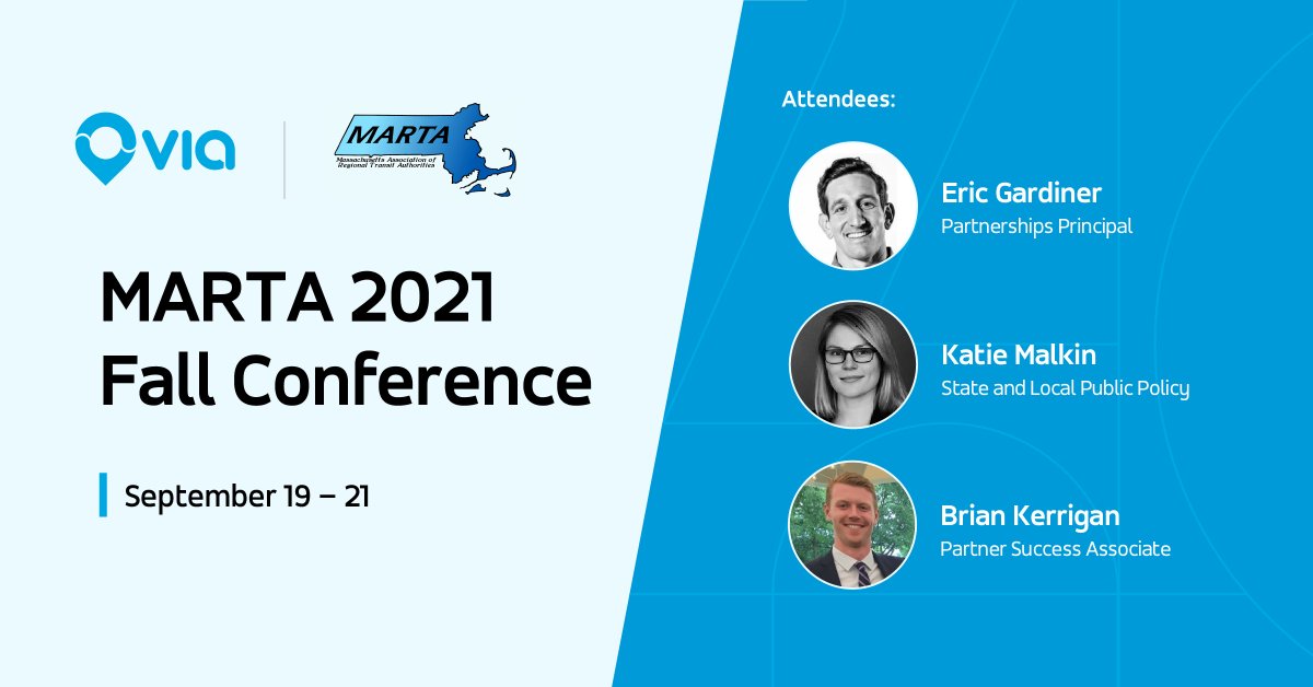 Via (@ridewithvia) on Twitter photo We are proud to support #MARTA 🚌 next week at their Fall Conference! Stop by our booth to chat all things #microtransit with <a href="/EricDGardiner/">Eric Gardiner</a>, <a href="/bgk777/">Brian Kerrigan</a> and Katie Malkin.
#massachusetts #transittech matransit.com/2021-fall-conf… We are proud to support #MARTA 🚌 next week at their Fall Conference! Stop by our booth to chat all things #microtransit with <a href="/EricDGardiner/">Eric Gardiner</a>, <a href="/bgk777/">Brian Kerrigan</a> and Katie Malkin.
#massachusetts #transittech matransit.com/2021-fall-conf…