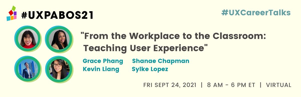 Interested in teaching UX? Learn more at <a href="/grrrfang/">Grace Phang (she/her)</a>'s #UXCareerTalks #UXPanel w/ <a href="/zerotoux/">Zero to UX</a> @nerdydivadesign @sylkelopez "From the Workplace to the Classroom: Teaching #UserResearch" #UXPABOS21 #UXEducation

Sched: sched.co/kQZG
Tix: ow.ly/bIZO50G2MFc