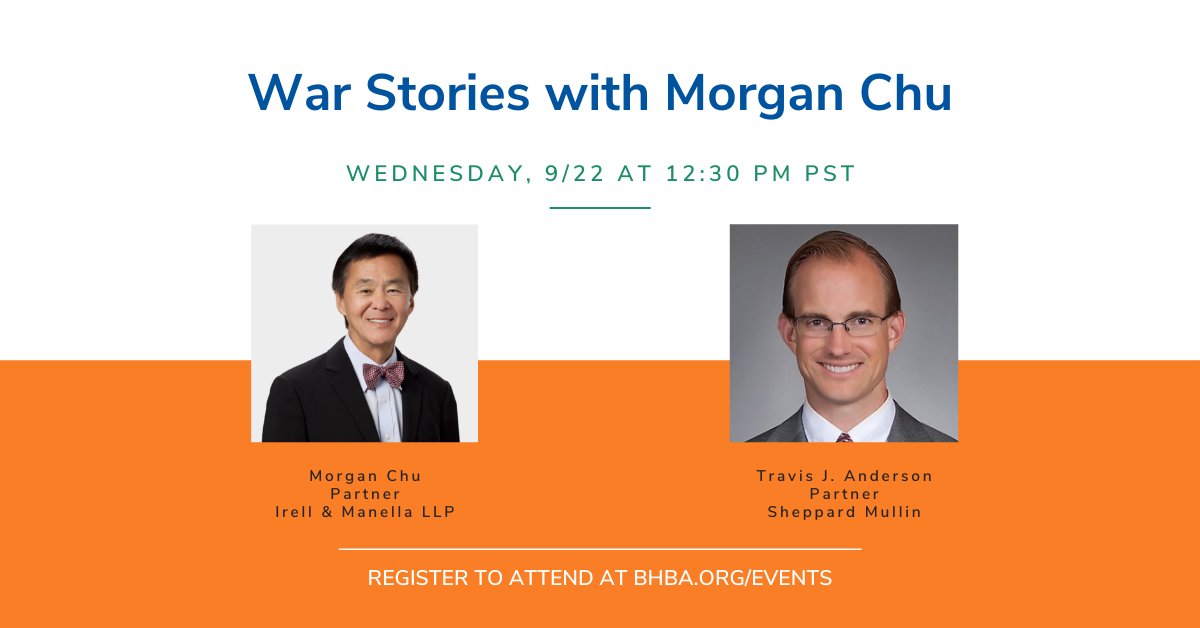 BeverlyHillsBarAssociation (@bhba) on Twitter photo On Wed, 9/22 at 12:30 pm PDT, listen to "War Stories with Morgan Chu"!
Our “War Stories” series returns this Fall; featuring the Legal Lion, Morgan Chu. Morgan served as the co-managing partner of <a href="/IrellandManella/">Irell & Manella LLP</a> for the max term of 1997-2003.
REGISTER: myemail.constantcontact.com/War-Stories-se… On Wed, 9/22 at 12:30 pm PDT, listen to "War Stories with Morgan Chu"!
Our “War Stories” series returns this Fall; featuring the Legal Lion, Morgan Chu. Morgan served as the co-managing partner of <a href="/IrellandManella/">Irell & Manella LLP</a> for the max term of 1997-2003.
REGISTER: myemail.constantcontact.com/War-Stories-se…