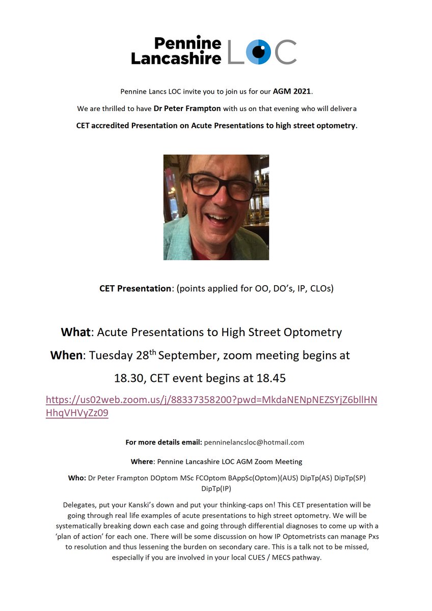 Pennine Lancashire LOC CET Event
loc-online.co.uk/pennine-lancas…

What: Acute Presentations to High Street Optometry

When: Tuesday 28th September, zoom meeting begins at 18.30, CET event begins at 18.45

zoom link
us02web.zoom.us/j/88337358200?…