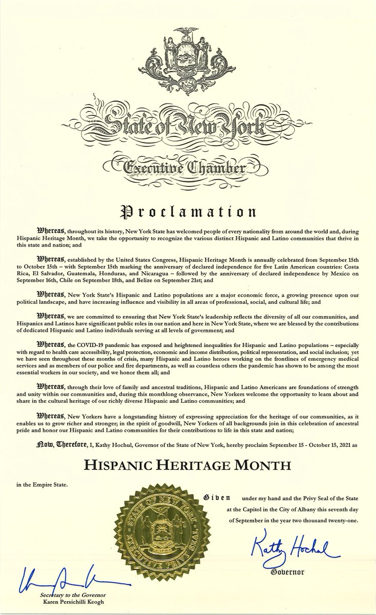Proclamation from Governor Kathy Hochul on Hispanic Heritage Month