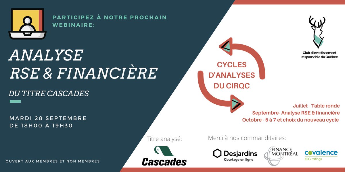 CIRQc's tweet photo. 💹 🌱 Devrions-nous ajouter Cascades à notre portefeuille #responsable? 

Nos membres vous exposent le temps d'un webinaire notre approche ainsi que les résultats de nos analyses pour le titre.

Pour s'inscrire:  https://t.co/bTk4juRXU1
#financedurable #investissement https://t.co/VzSNvsdDBi