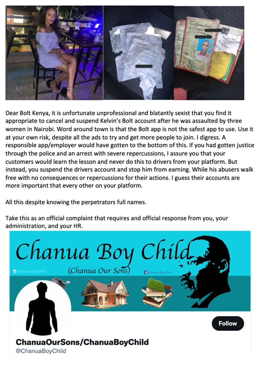 ChanuaBoyChild's tweet photo. It's only Kenya that a female abuser gets to go scot-free while her male victim gets punished...read and #retweet #bolt #terryanne @Boltapp_ke are yet to make an official statement or to take action. So #UnInstallBotApp #FuelPrices #Rubis #ZackKinuthia #MainaAndKingangi https://t.co/u53wCmvLUR