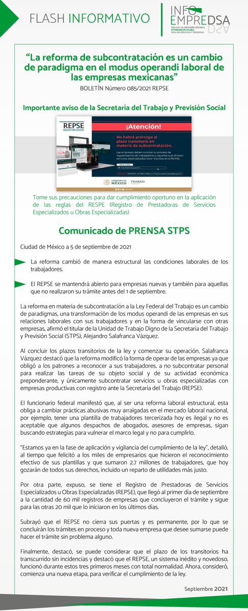 DSA_Santamaria's tweet photo. 📢 Tome sus precauciones para dar cumplimiento oportuno en la aplicación de las reglas del RESPE: “La reforma de subcontratación es un cambio de paradigma en el modus operandi laboral de las empresas mexicanas” #Subcontratación #abogados #contabilidad #emprendedores #empresarios https://t.co/uqHZMz25MF
