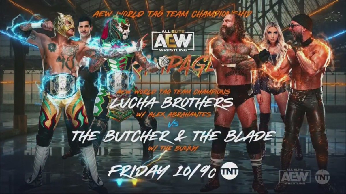 Nesta sexta-feira: #AEWRampage
- Lucha Brothers (@PENTAELZEROM & @ReyFenixMx) vs The Butcher (@andycomplains) & The Blade (@BraxtonSutter), pelos AEW World Tag Team Championships
- @annajay___  vs The Bunny (@AllieWrestling)