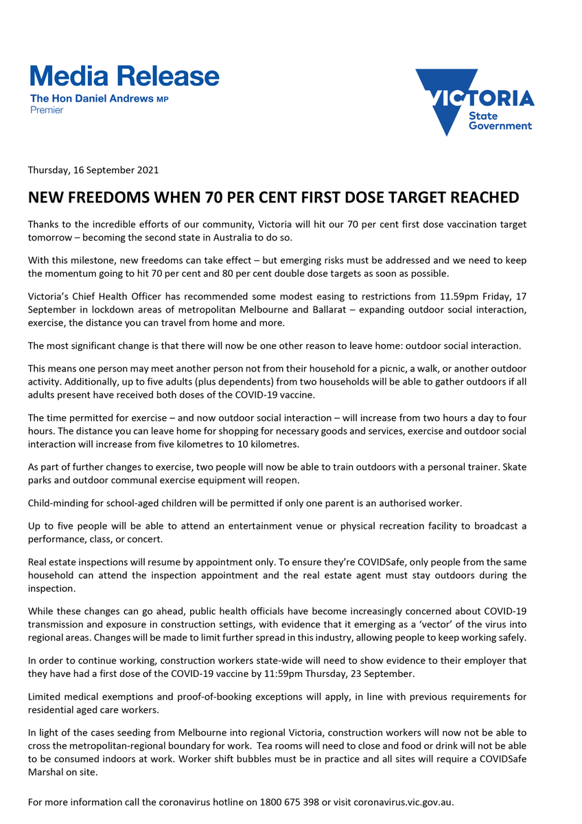 Dan Andrews On Twitter On The Advice Of The Chief Health Officer And Thanks To The 70 Of Victorians Who Have Had At Least Their First Vaccine Dose We Are