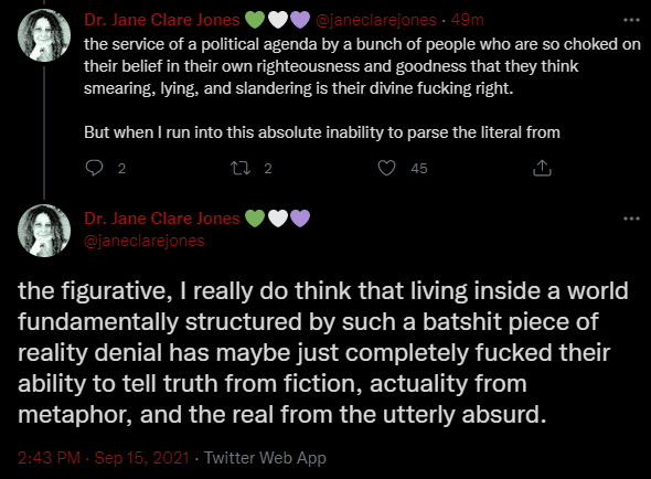 TERFConspiracy's tweet photo. Oh, and @GCAbleism158 will "appreciate" this one: Being unable to parse figurative language from literal language makes you "batshit" https://t.co/dvNfxOnuuE