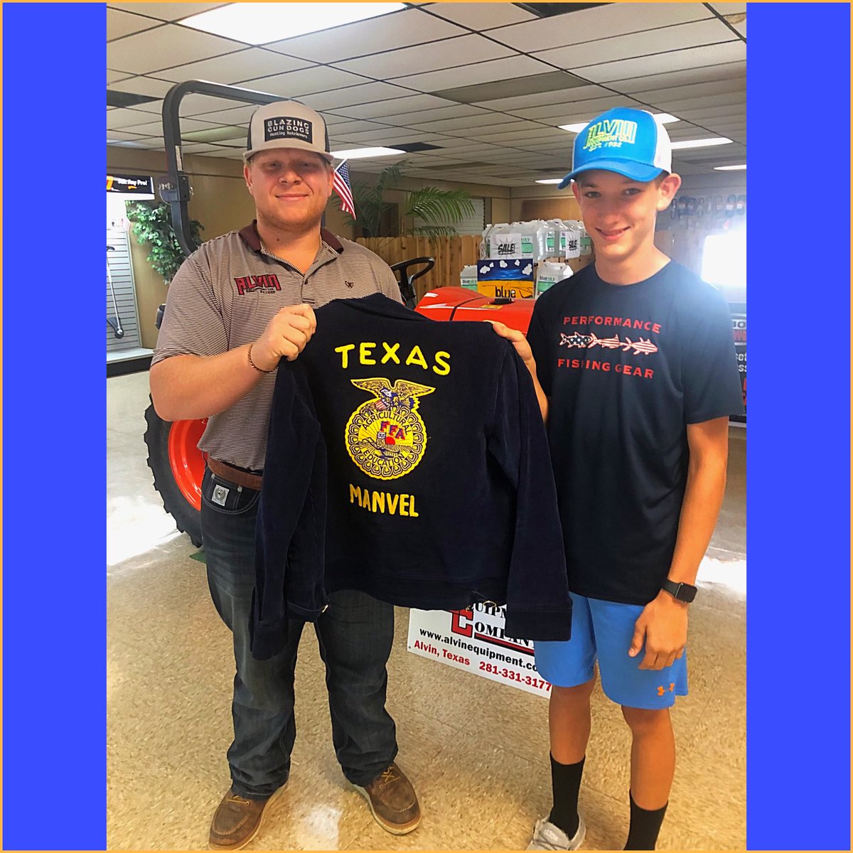 Congratulations Cooper Dickens, freshman at Manvel High School, for memorizing and reciting the FFA Creed (5 paragraphs) from memory, reciting it for Alvin Equipment Company,  and earning a free FFA Jacket!