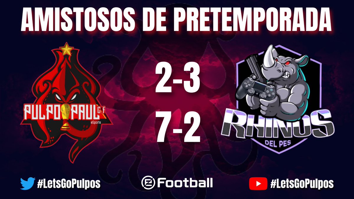 Buenos partidos esta noche contra nuestros amigos <a href="/Rhinospes10v10/">RhinosPES_10v10</a> 
un placer como siempre 🤝

🐙 2-3 🦏
🐙 7-2 🦏

Nos vamos con buenas sensaciones cara a la nueva temporada 💪

#LetsGoPulpos 🔥🔥🐙🐙🔥🔥