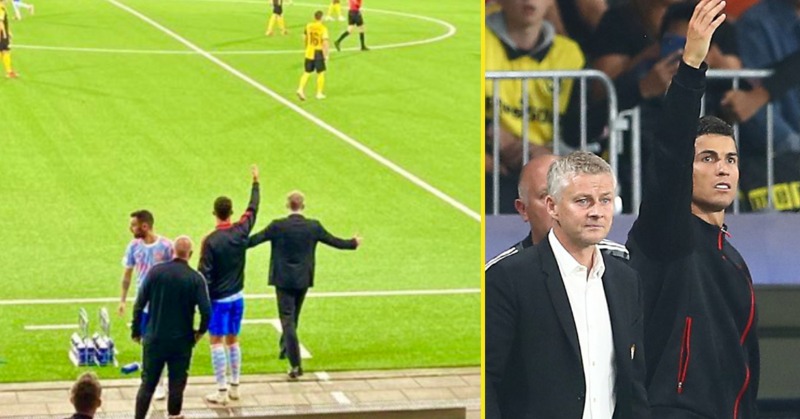talkSPORT's tweet photo. Ole Gunnar Solskjaer should have told Cristiano Ronaldo to ‘sit down’ after his touchline antics 'undermined' the manager #MUFC