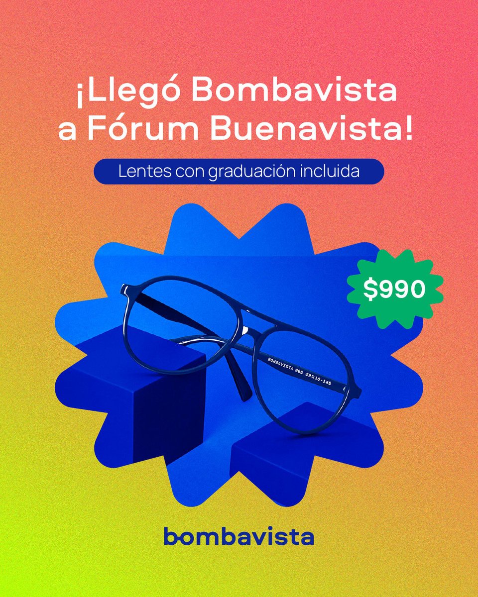 Ven a conocer todos nuestros lentes. Estamos de lunes a domingo de 11:00 am a 8:00 pm. 💣💥 bombavista.mx/stores