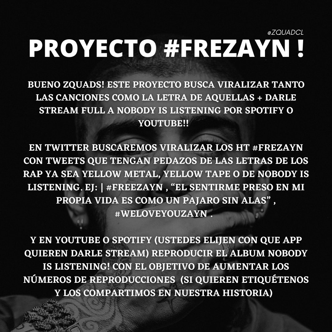 El Proyecto #FreeZayn quedan 8 minutos para que inicie!! Recuerden darle stream a “Nobody Is Listening” mientras hacemos tendencia ambos ht “#FREEZAYN y #WELOVEYOUZAYN “

No olviden difundir el proyecto para que más gente se una !❤️