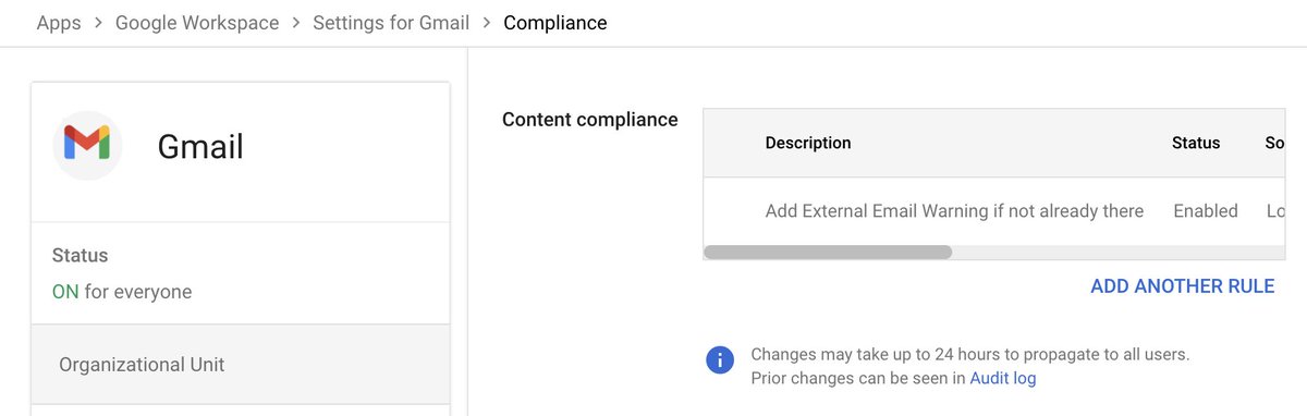 tkh16's tweet photo. Need to prepend [EXTERNAL] to email subject lines in Google Workspace for $REASONS, but don't want it to duplicate? Use content compliance rules to match inbound emails that DON'T match this regex:

^(RE: ?|Re: ?|FWD: ?|Fwd: ?)*\[EXTERNAL\]

More info in thread: 🧵 https://t.co/ZhaBHbOnYR