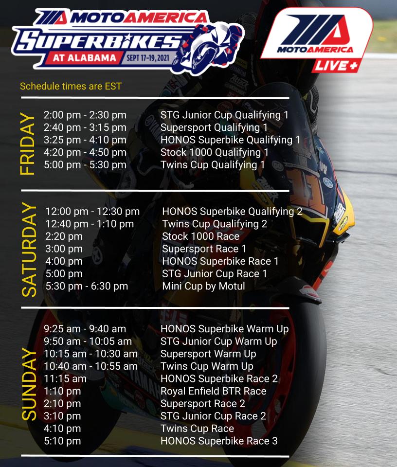 Super fans needs super schedules, and here's the MotoAmerica Live+ schedule for this weekend's final round of the 2021 championship season, which takes place at <a href="/BarberMotorPark/">Barber Motorsports</a>. Subscribe and watch practices, qualifying, and ALL the races in six classes. <a href="/RideDunlop/">Dunlop Motorcycle</a>
