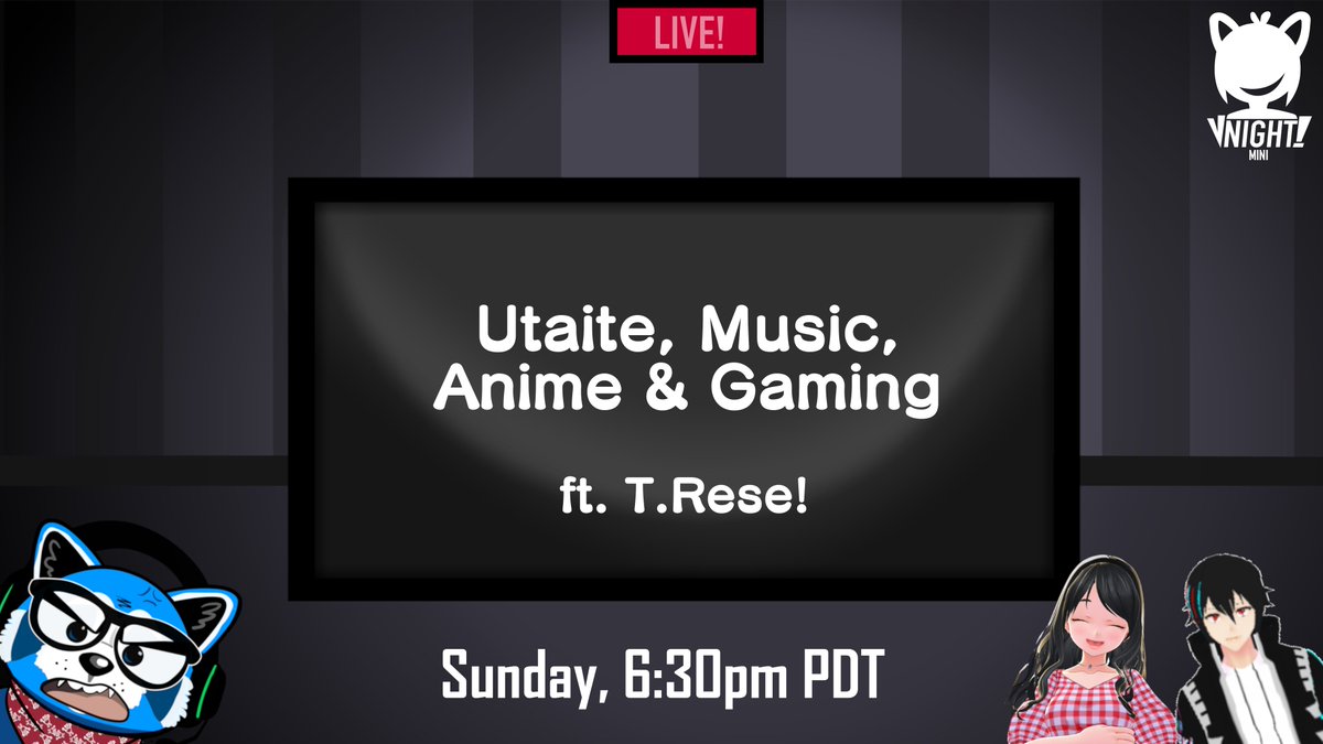 VNightPodcast's tweet photo. THIS SUNDAY WOOO!
@dj_h1bki & @phillyj_97 will host the upcoming mini episode alongside their friend, @TReseOfficial!
VNight Mini #01:
Utaite, Music, Anime & Gaming ft, T.Rese!
#VNightPodcast #VTeamNoSleep
#ENVTuber https://t.co/bDkxjCusaG