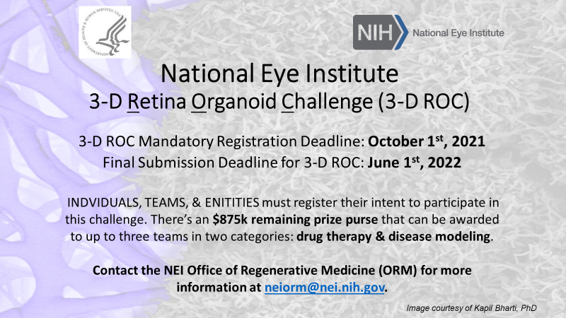 Michael F. Chiang, MD (@neidirector) on Twitter photo Are you interested in organoids, #engineering, or #microfluidics?
Challenge #grant opportunity ($875K): <a href="/NatEyeInstitute/">NEI</a> 3D retinal #organoid challenge.
Registration deadline: Fri 10/1/21 (grant deadline 6/1/22).
May be of interest to: <a href="/NSF/">U.S. National Science Foundation</a> <a href="/ISSCR/">ISSCR</a> <a href="/SfNtweets/">Society for Neuroscience (SfN)</a> <a href="/ARVOinfo/">ARVO</a>
(1/2) Are you interested in organoids, #engineering, or #microfluidics?
Challenge #grant opportunity ($875K): <a href="/NatEyeInstitute/">NEI</a> 3D retinal #organoid challenge.
Registration deadline: Fri 10/1/21 (grant deadline 6/1/22).
May be of interest to: <a href="/NSF/">U.S. National Science Foundation</a> <a href="/ISSCR/">ISSCR</a> <a href="/SfNtweets/">Society for Neuroscience (SfN)</a> <a href="/ARVOinfo/">ARVO</a>
(1/2)