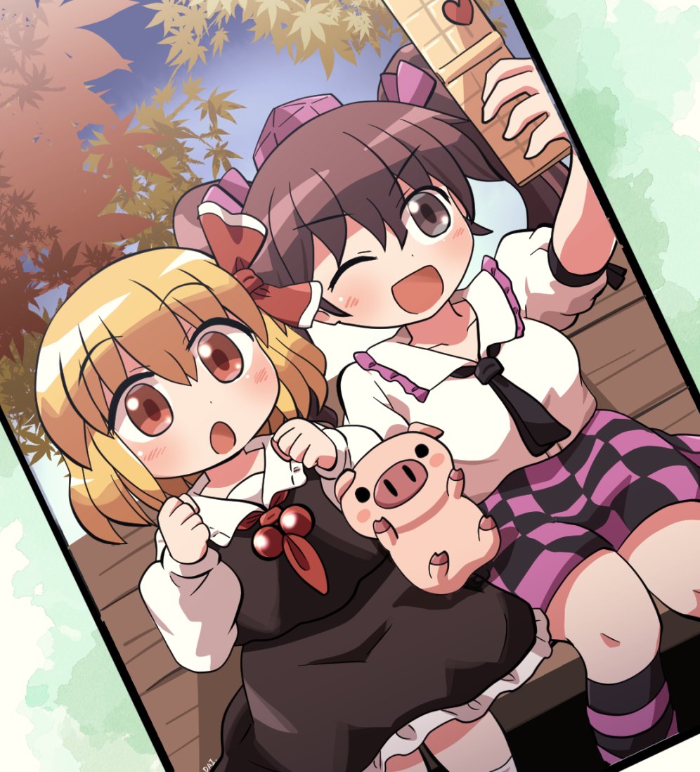 himekaidou hatate ,rumia multiple girls 2girls skirt checkered skirt shirt checkered clothes white shirt  illustration images