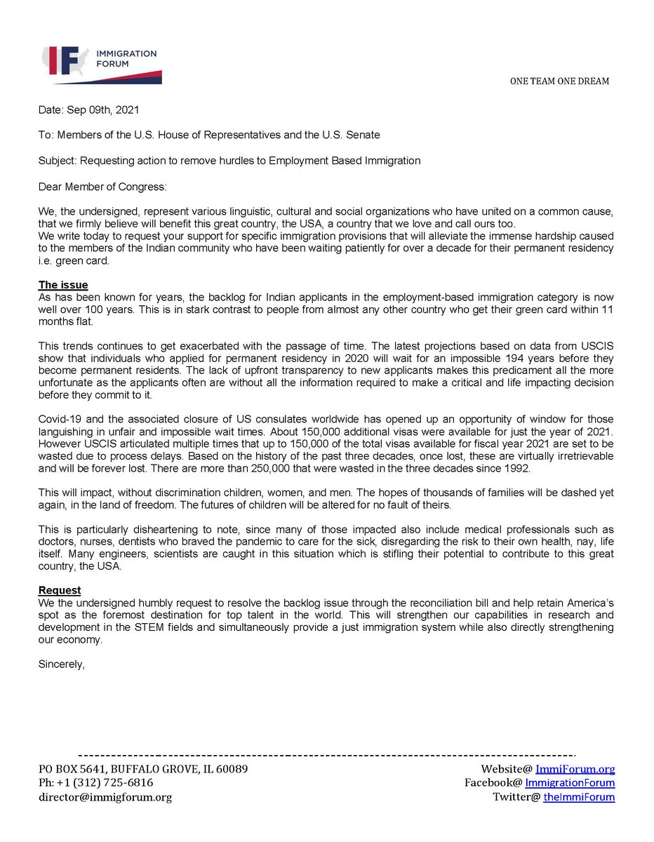 theImmiForum's tweet photo. . @TheImmiForum along with likeminded organizations requests the @SenateDems @SenateGOP to clear up all existing EB immigration backlog, in the reconciliation bill

We sent the attached letter to all 535 members of the Congress requesting support @SenatorDurbin  @RepZoeLofgren https://t.co/sza16P7DE8