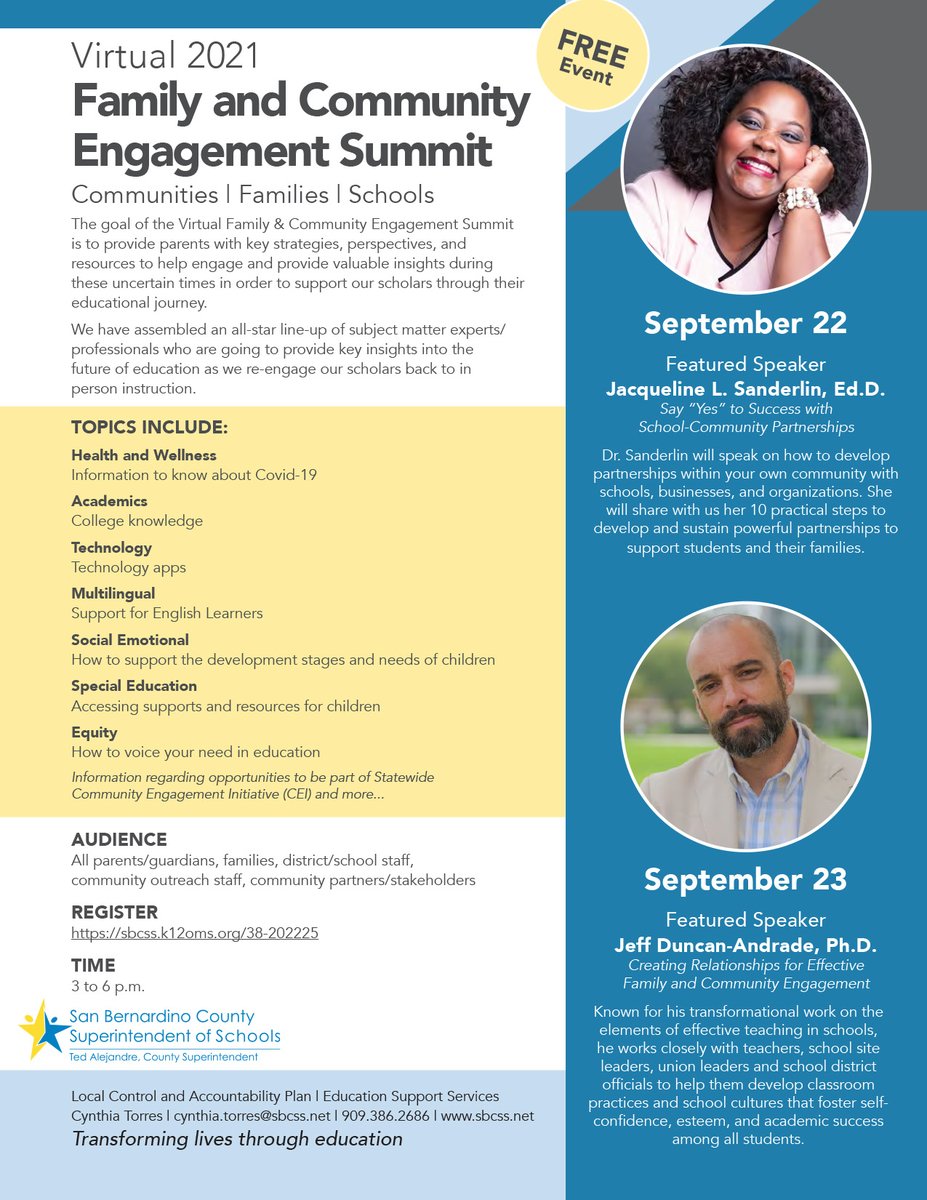 SBCSS_FamEngage's tweet photo. Virtual 2021 Family &amp; Community Engagement Summit September 22-23, 2021

The goal of the Virtual Family &amp; Community Engagement Summit is to provide parents with key strategies, perspectives, and resources to help engage and provide valuable insights during these uncertain times. https://t.co/JnI3NQqhPO