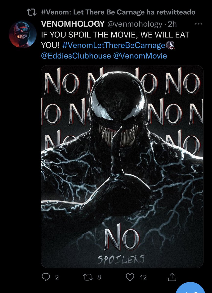 MarvelLatin's tweet image. Luego de que se les ocurriera la “genial” idea de presentar la película a fans a 1 mes del estreno, ahora la página oficial de Venom hace RT a campañas contra los spoilers 🤷🏻