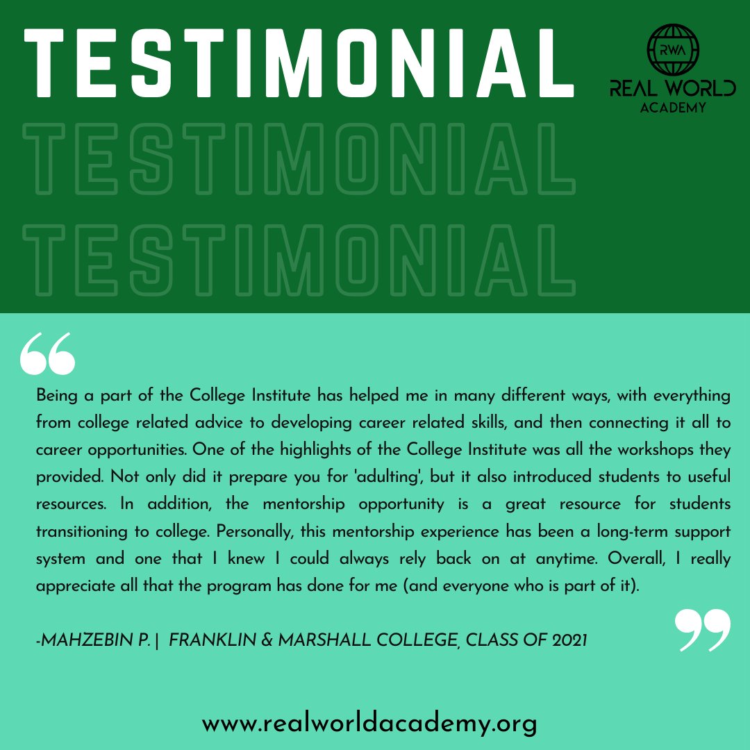 One component of what we do at RWA prepares young-adults to navigate the challenges of college, self-actualize their passion into a career, and successfully transition into the workforce! #WhatWorksWednesday #StudentTestimonial #RWAtestimonial #Wednesday