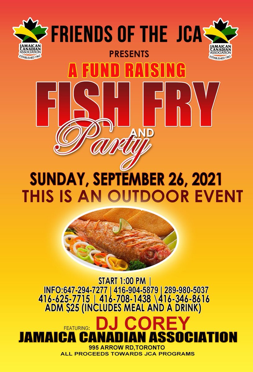 Join Friends of the JCA for a fundraising Fish Fry on Sunday, September 26th. Get your tickets now and stop by the JCA Centre for a sumptuous meal and a vibe with music by DJ Corey. Proceeds go to supporting JCA programs.