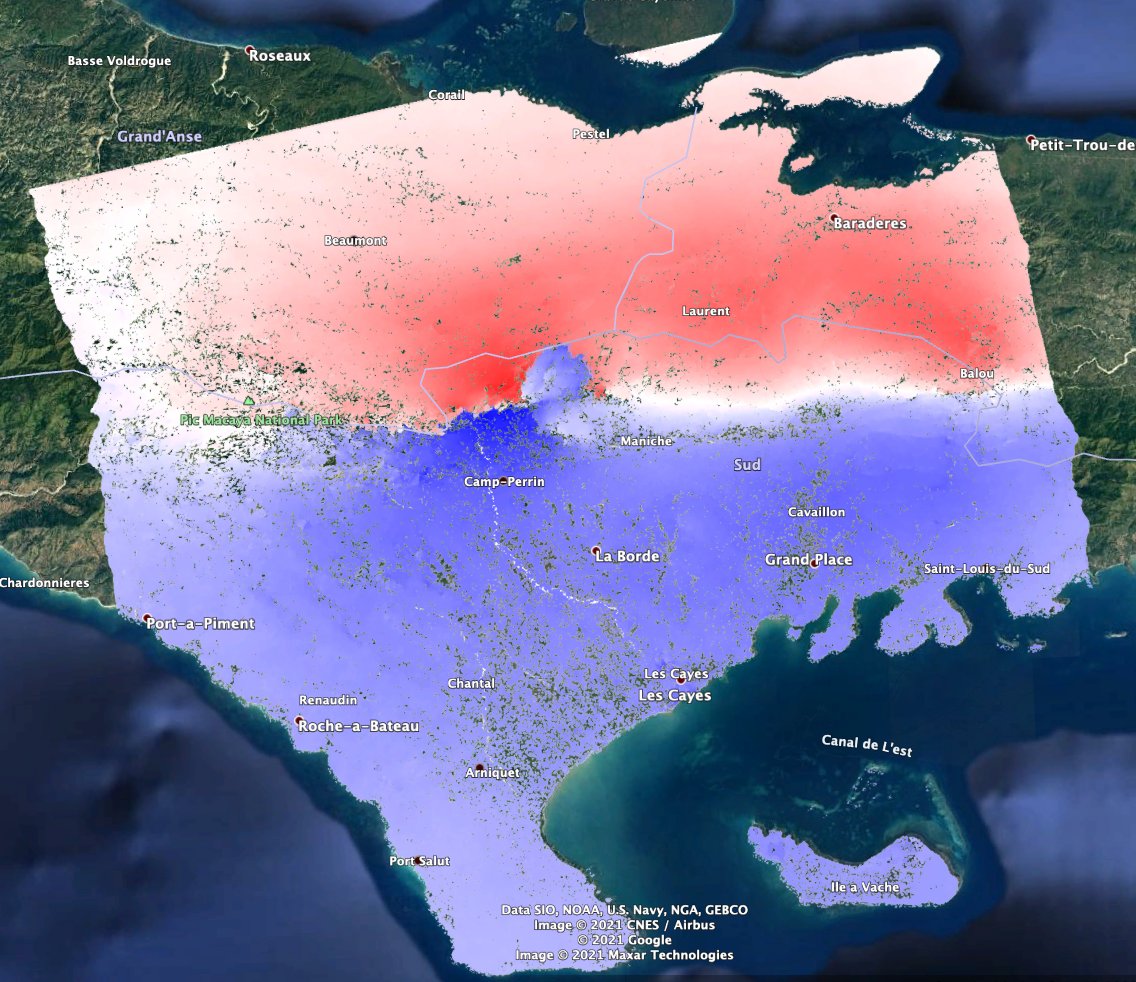 XiaohuaXu1's tweet photo. Couldn't find one on twitter so am posting this in case anyone at today's #scec2021 session is interested. Line-of-sight deformation map for the 2021 Haiti earthquake from ALOS2 InSAR. https://t.co/FnhTK2M2oO