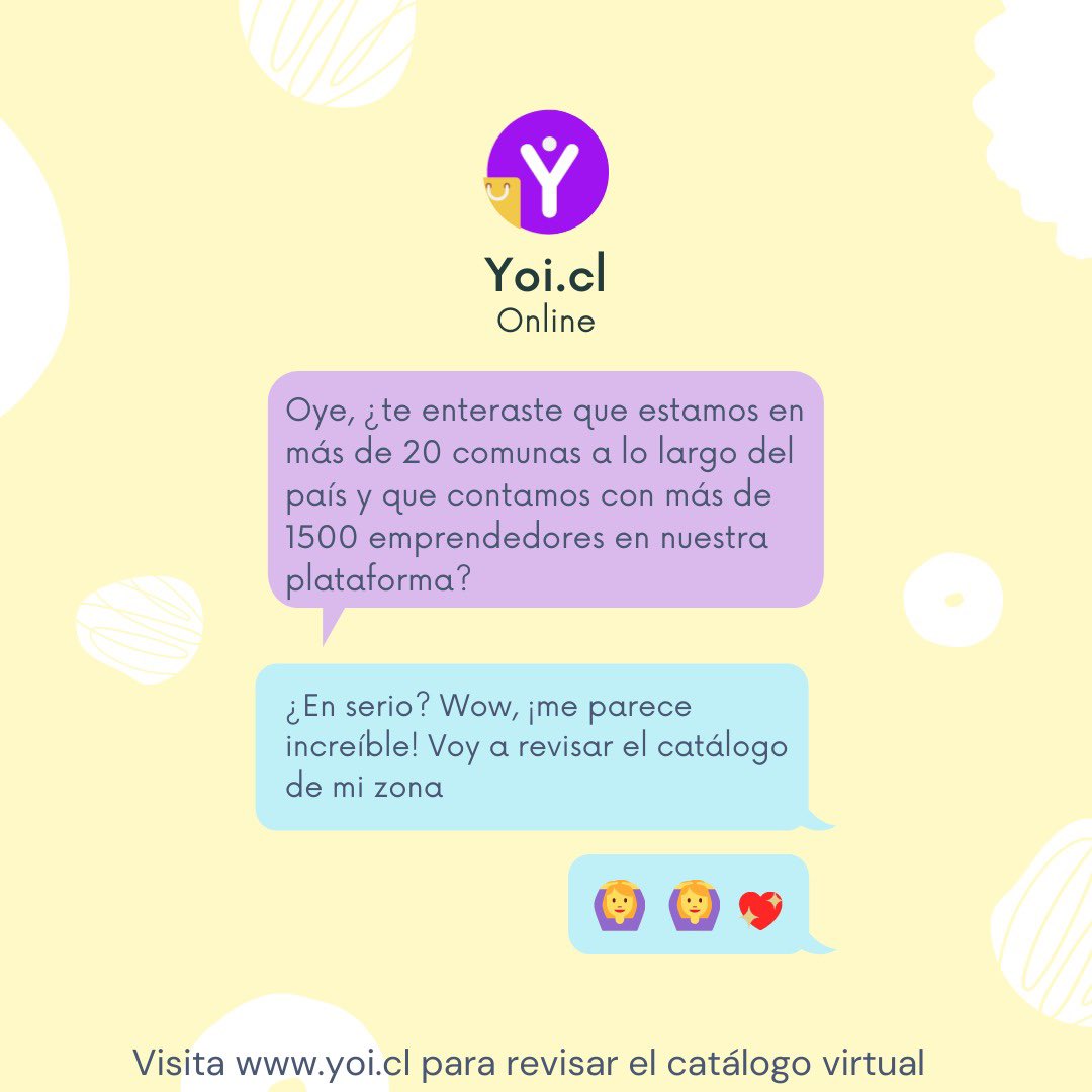 ¡Solo falta que tú revises nuestro catálogo! 📲🛍

Entra a yoi.cl y atrévete a emprender o hazte parte del comercio local💪🏻

#emprendedoreschilenos #emprendedoreschile #chileemprende #chileemprendedores #emprendimientonacional #emprendedora #emprendedor #yoi