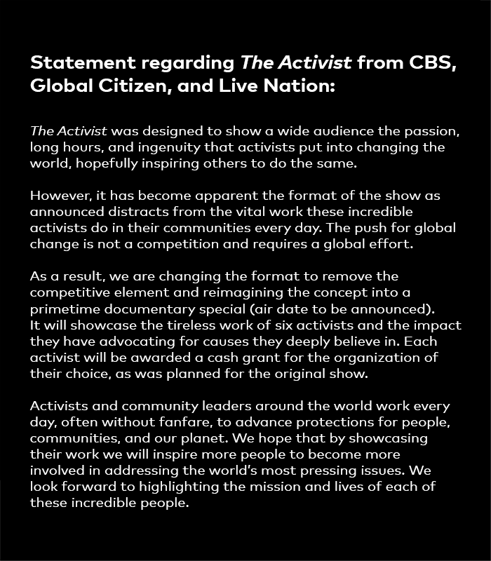 GlblCtzn's tweet photo. A message from Global Citizen on "The Activist." https://t.co/CSODAwiIdR