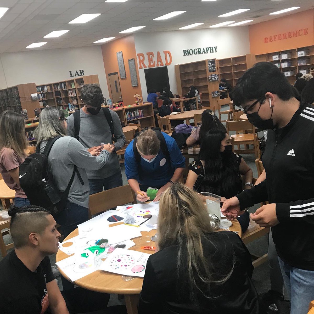 #InternationalDotDay was a success! Our librarian read aloud The Dot by <a href="/peterhreynolds/">Peter H. Reynolds</a> and we made our mark on buttons! We’re proudly displaying them on our backpacks. #dotday continues the rest of the week during A&amp;B lunch periods.