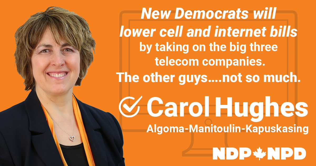 New Democrats will lower you cell and internet bills by taking on the big three telecom companies.
The other guys….not so much.  
bit.ly/3nBz5gz