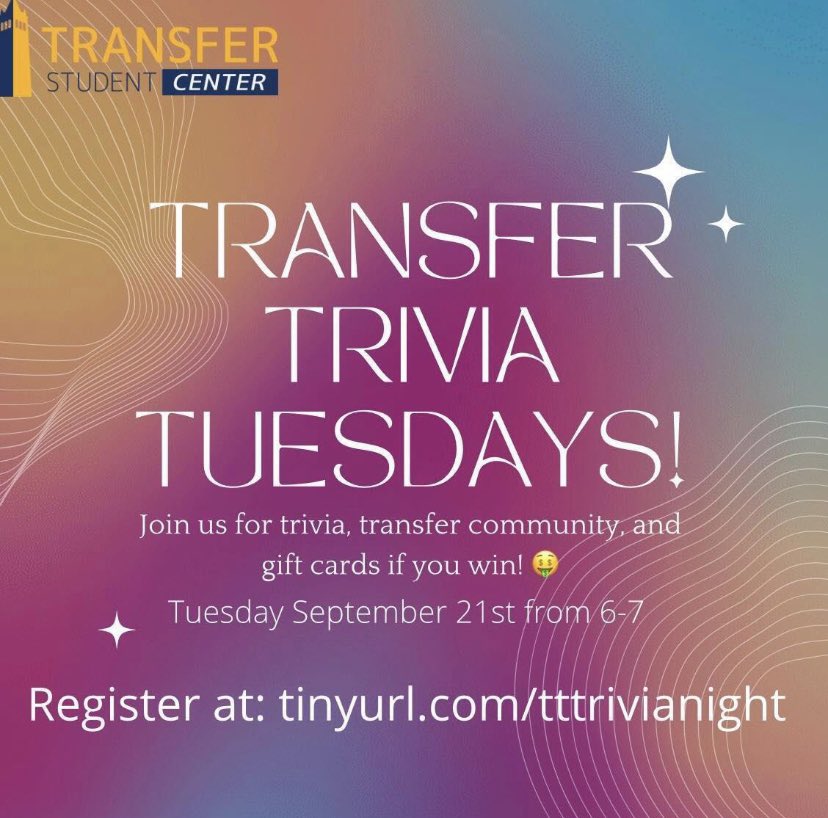 CalTransfers's tweet photo. Do you want to find your transfer community &amp; win prizes? If you answered yes, then Transfer Trivia Tuesday is for you! It’ll be held September 21st from 6-7pm. Come with your arsenal of Cal facts &amp; possibly win a $20 gift card!
Register at https://t.co/mEAP2K67kd. See you then! https://t.co/XVN0WeayJK