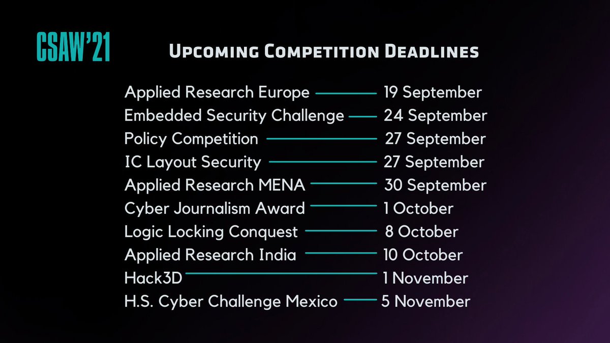 Deadlines approaching for #CSAW21 #CyberSecurity competitions. 

Check out the details and register now
csaw.io