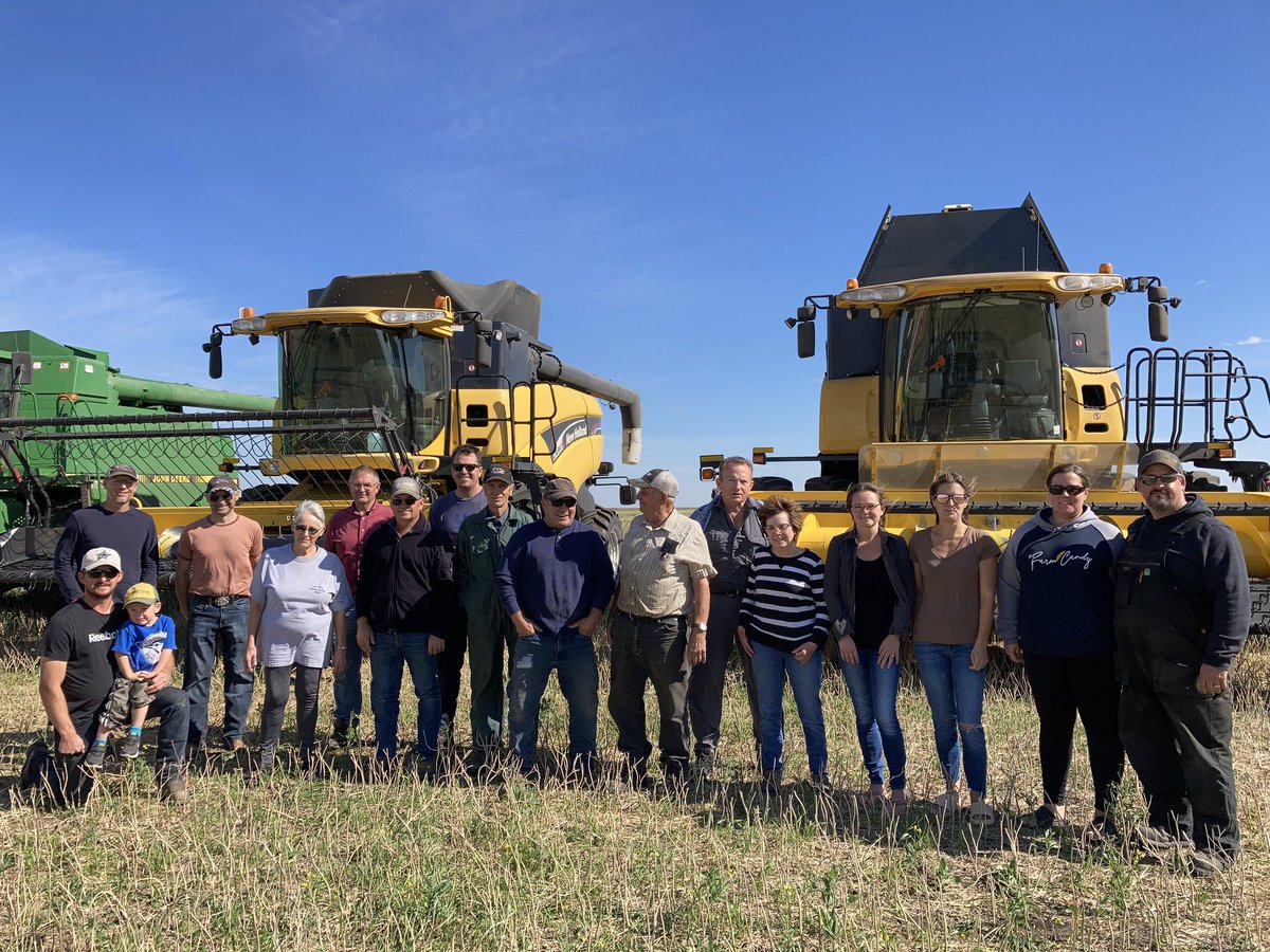 HetSeeds's tweet photo. A happy and grateful crew showed up to take off the local @Foodgrains project field of #canola. Despite frost, heat, drought and hail we still got 25 bushels per acre! https://t.co/kz1Wc4CXmK