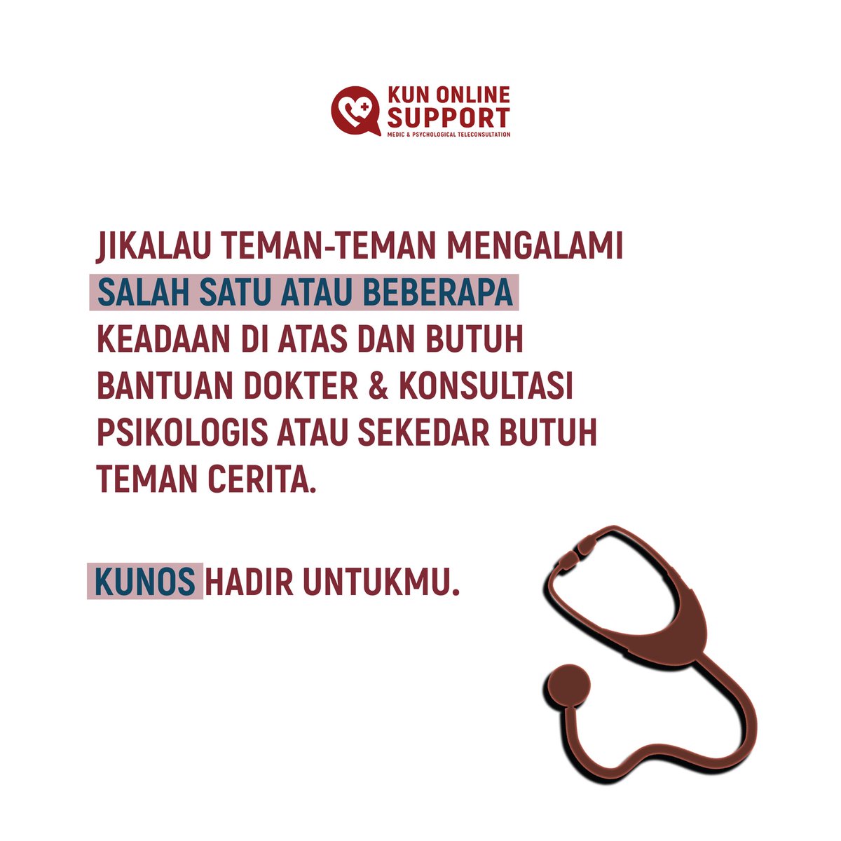 humanitysystem's tweet photo. KUN Online Support memberikan kemudahan pelayanan medis dan psikologis bersama dokter dan psikolog yang mendedikasikan waktunya untuk memberikan dampingan kepada kamu sampai keadaan kamu membaik.
#KUNOnlineSupport #tetaptegar 
#salingjaga #salingdukung #telekonsultasigratis https://t.co/K0D5YhFpp2