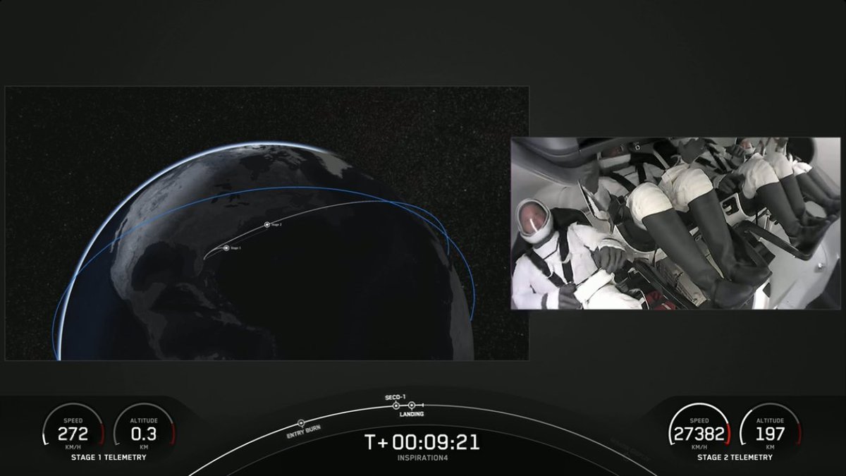 Tout es nominal : le 1er étage du #falcon9 a atterri, et la capsule continue son ascension <a href="/inspiration4x/">Inspiration4</a> <a href="/SpaceX/">SpaceX</a>