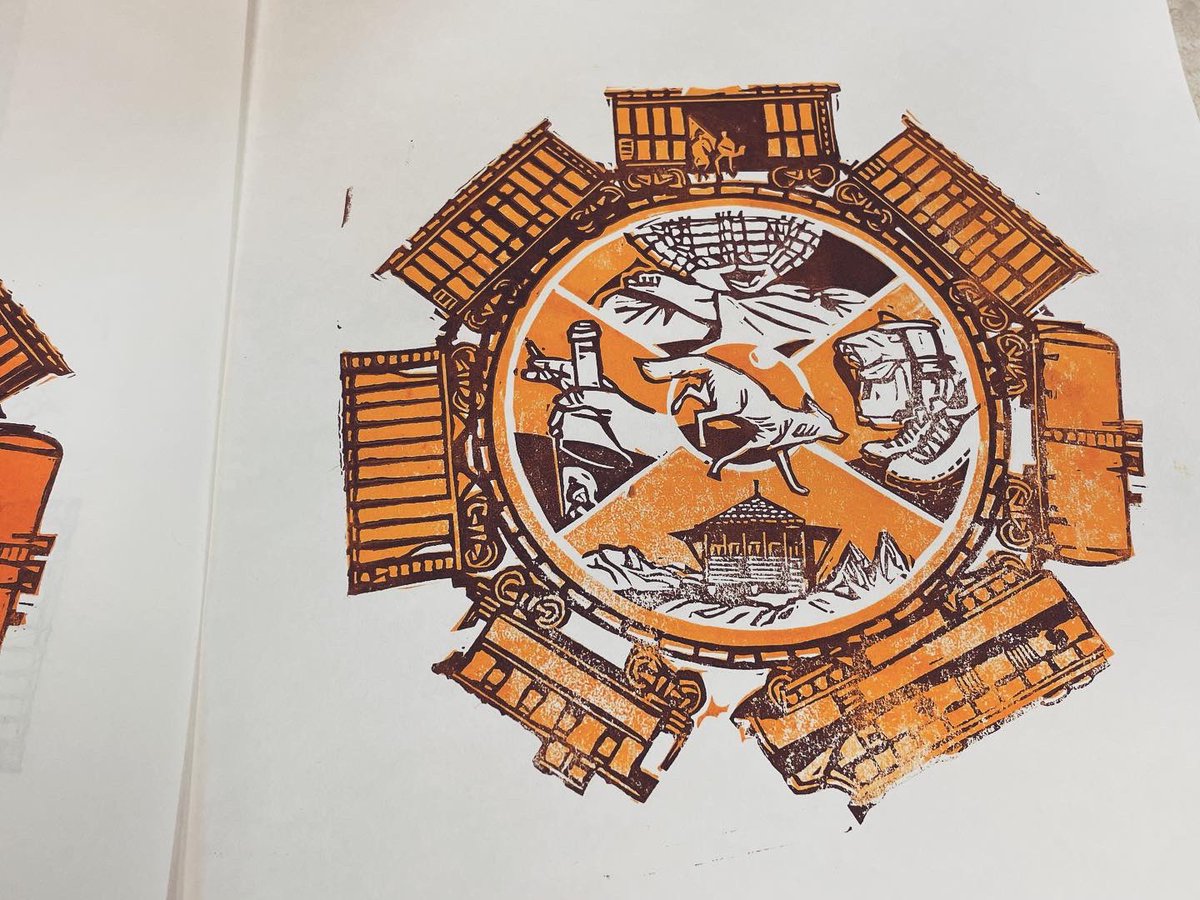 GatelessStudio's tweet image. These are test prints of two out of the three layers for the Dharma Bums print. The last layer is not yet carved and is an essential part of the final, but today&apos;s tests give me confidence that it&apos;s going in the right direction.