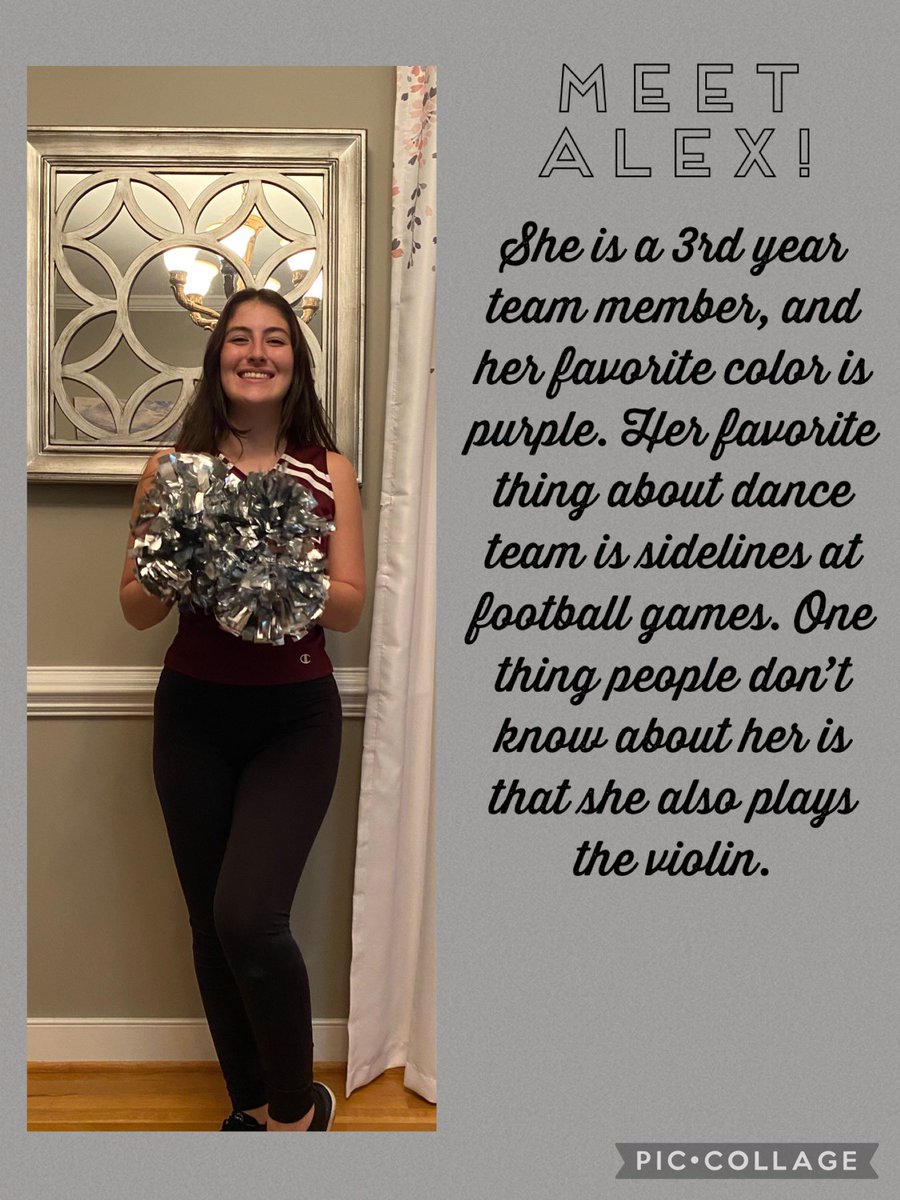 Meet the team! Alex is up first, she is a 3rd year team member, and her favorite color is purple. Her favorite thing about dance team is sidelines at football games. One thing people don’t know about her is that she also plus the violin.