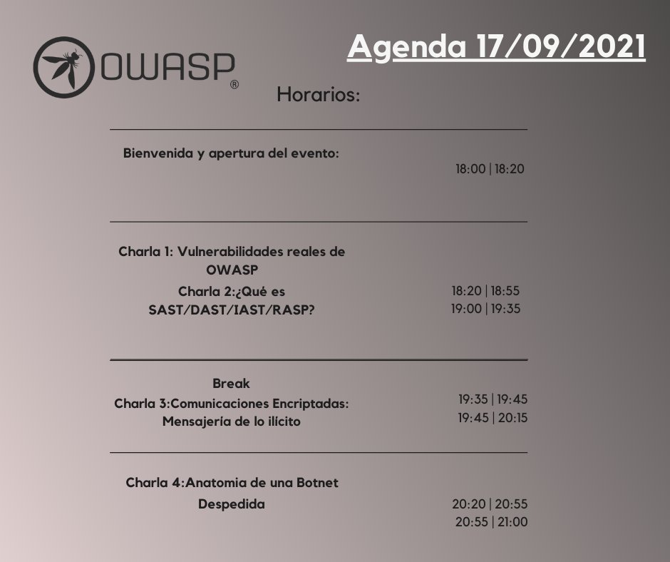 Nuestra agenda para el proximo 17 de septiembre no te lo pierdas ;)

Agenda hora CLST

Link de inscripción: meetup.com/es/OWASP-Vina-…