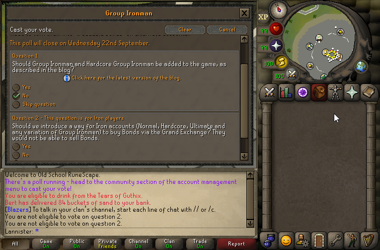 Wiggledd's tweet photo. If you're a pker/generally fed up of the wider community spite voting no to PvP updates, it's important you vote NO to group ironman, not out of spite, but so Jagex are forced to review the stupid polling system when they see Reddit lose their minds👍 https://t.co/CpZEVgVd86