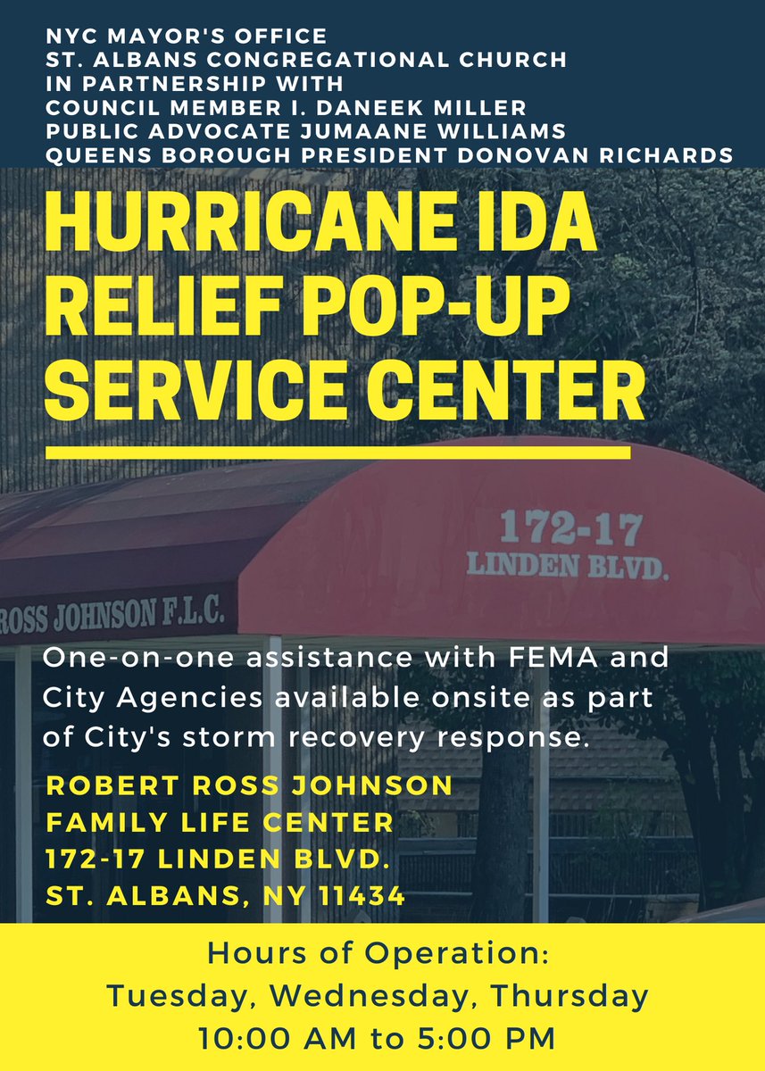 IDaneekMiller's tweet photo. As recovery efforts in the district are ongoing, we continue to assess the damage and direct residents to the resources available to them. We recently secured a pop-up relief center for Southeast Queens - please share with anyone who might benefit from in-person assistance! https://t.co/FEueyhUCuu