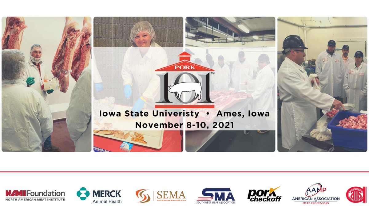 MeatScience's tweet image. #PORK101 is on November 8-10, 2021 at @iastate_cals  in Ames, Iowa.  Hosted by AMSA in cooperation with @NationalPork. Sponsored by @MerckAH and @NationalPork.

Register today at bit.ly/AMSAPork101!

Co-sponsored by the @AAMPNews , @MeatInstitute, and the @SWMeatAssn.