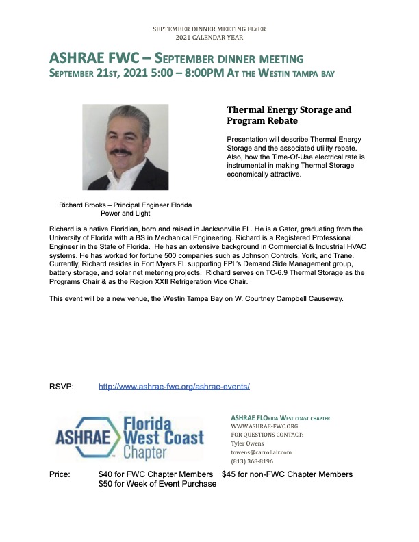 Our presenter for ASHRAE's FWC kickoff Dinner Meeting is Richard Brooks presenting on thermal energy storage. Flyer for more details. RSVP: ashrae-fwc.org/events/septemb…