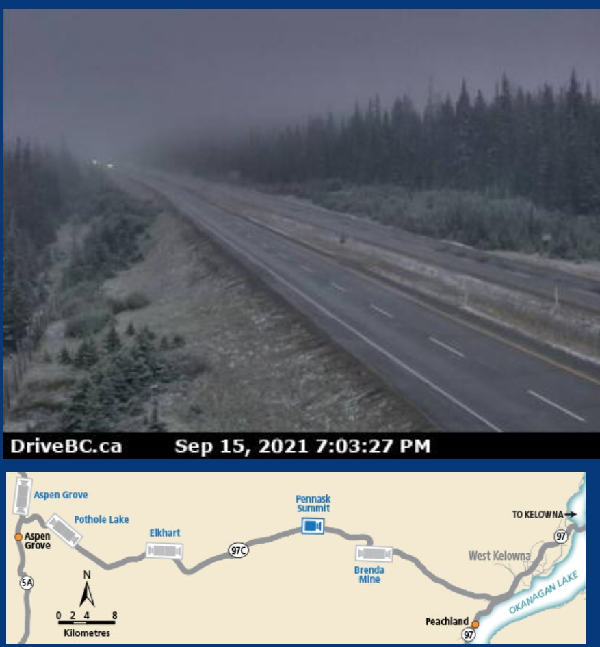 DriveBC's tweet photo. ❄HEADS UP❄ - #BCHwy97C - The #OkanaganConnector has skipped pumpkin spice and gone directly to snow! Watch for changing road conditions between #MerrittBC and #Kelowna. 
A good reminder to check https://t.co/eFoU6o7MX0 to know before you go.
Camera link: https://t.co/ORWnA9yQ6X https://t.co/9heO5fIlLY
