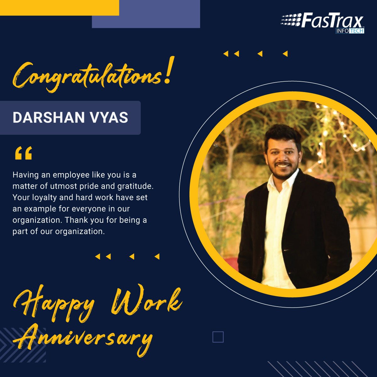 FasTraxInfotech's tweet image. Happy Work Anniversary Darshan Vyas.

It was a great experience to have a dedicated and sincere employee in our team. 
You’re a great co-worker who makes the workplace out of boredom.

#HappyWorkAnniversary #WorkAnniversaryWishes #TeamFasTrax #FastraxInfotech #FTxInfotech