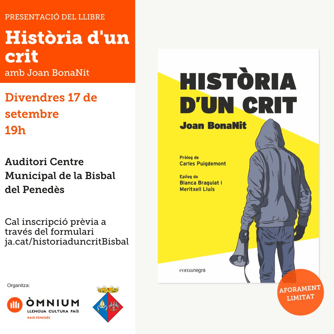 CULTURA 📚| El CMC acollirà la presentació del llibre "Història d'un crit" de <a href="/Joan_BonaNit/">Joan #BonaNit</a>
🗓Divendres 17 de setembre
🕰19h
📍A l'auditori del CMC
✍️Inscripció prèvia: form.jotform.com/212454446472355
#CulturaBisbalPenedès #LaBisbalDelPenedès #BaixPenedès #Penedès <a href="/OmniumBaixPen/">Òmnium Baix Penedès</a>