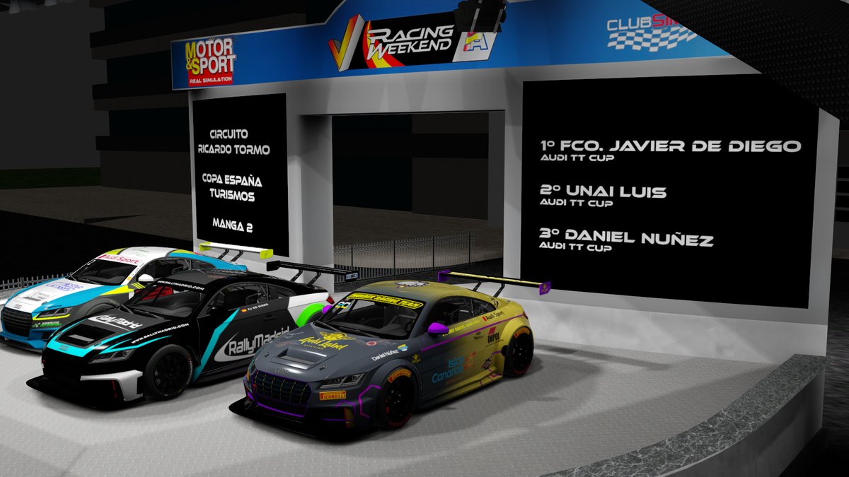 PODIO DE LOS GANADORES DEL RACING WEEKEND VIRTUAL CIRCUITO RICARDO TORMO - COPA DE ESPAÑA TURISMOS - 2ª MANGA
<a href="/club_simracing/">Club Simracing</a> 
1º <a href="/Javier_ddf/">Javier de Diego</a> 
2º Unai Luis
3º <a href="/DaniNT12/">DaniNT_</a>