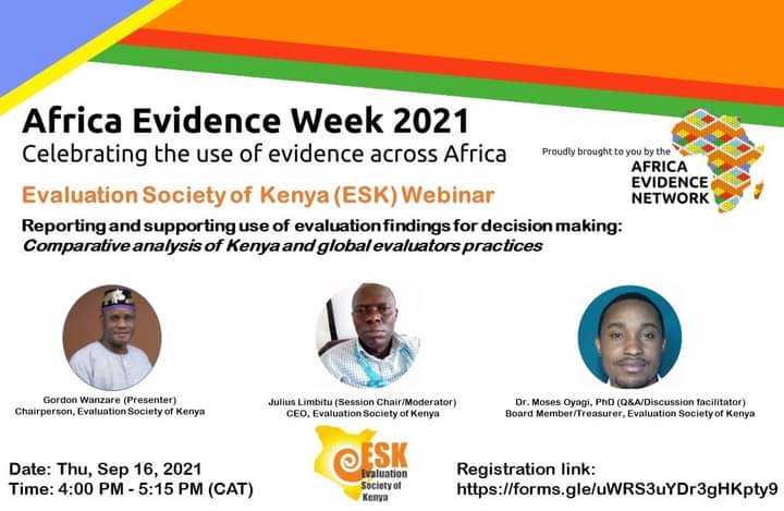 #EIDM #EvidenceUse
This is a kind reminder of today's(Thursday,Sep.16, 2021)webinar on *Reporting and supporting use of evaluation findings for decision making*
Time:4.00-5.15 pm CAT(5.00-6.15 pm EAT)
Registration link:  forms.gle/uWRS3uYDr3gHKp…
@tweet_afrea @evalvijana @KICDKenya