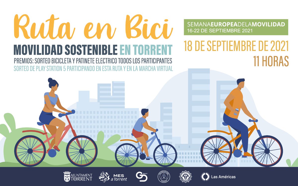 Atenció ja pots apuntar-te on line al passeig en bici o patins de la Setmana de la mobilitat sostenible de Torrent. Dissabte 18 a les 11h des de porta Ajuntament. També pots apuntar-te en l'eixida. Premis i animació per tothom. 

En Torrent #LesPersonesPrimer 
Fill⬇️⬇️⬇️⬇️