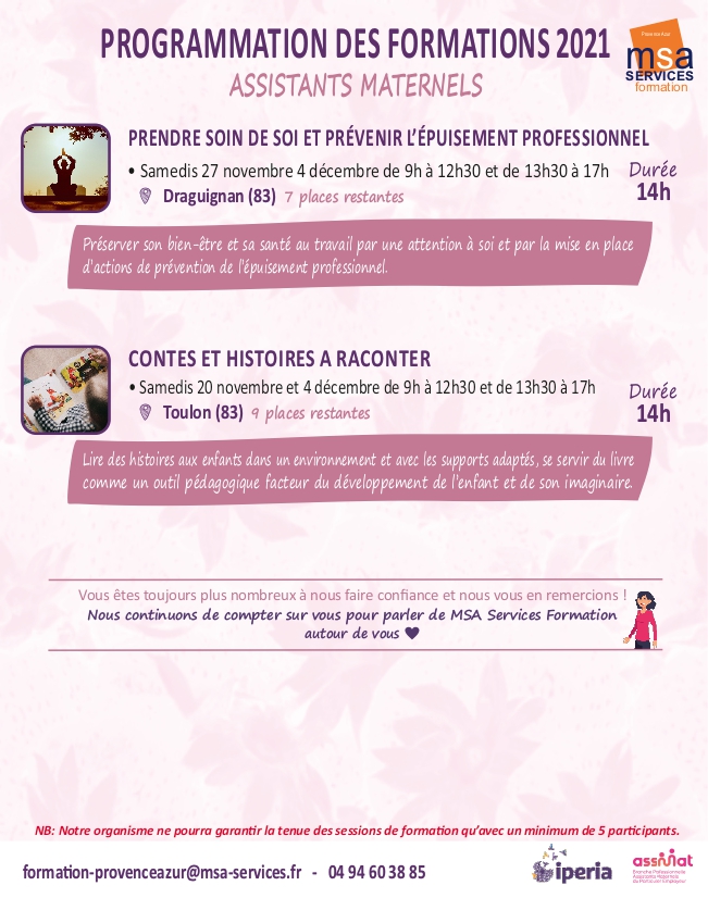 OFMsaServicesPA's tweet photo. 📆 PROGRAMMATION FORMATIONS DERNIER QUADRIMESTRE 2021

⚠️ Dernières places disponibles !

De nombreux thèmes pensés spécialement pour VOUS 😀
Pour vous inscrire, c'est par ici :
📧 formation-provenceazur@msa-services.fr
Un doute ? Une question ? Contactez-nous !
📞 04 94 60 38 85 https://t.co/LVyXlUegqA